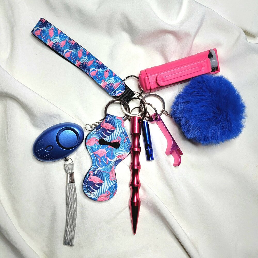 8 Piece Safety Keychain Set, Alarm w/ Flashlight, Window Breaker, Whistle + More